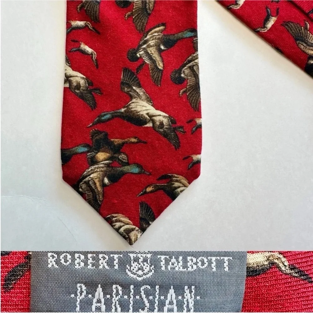 Vintage Silk Wool ROBERT TALBOTT PARISIAN Mallard Hunting Red Classic Tie, 4”